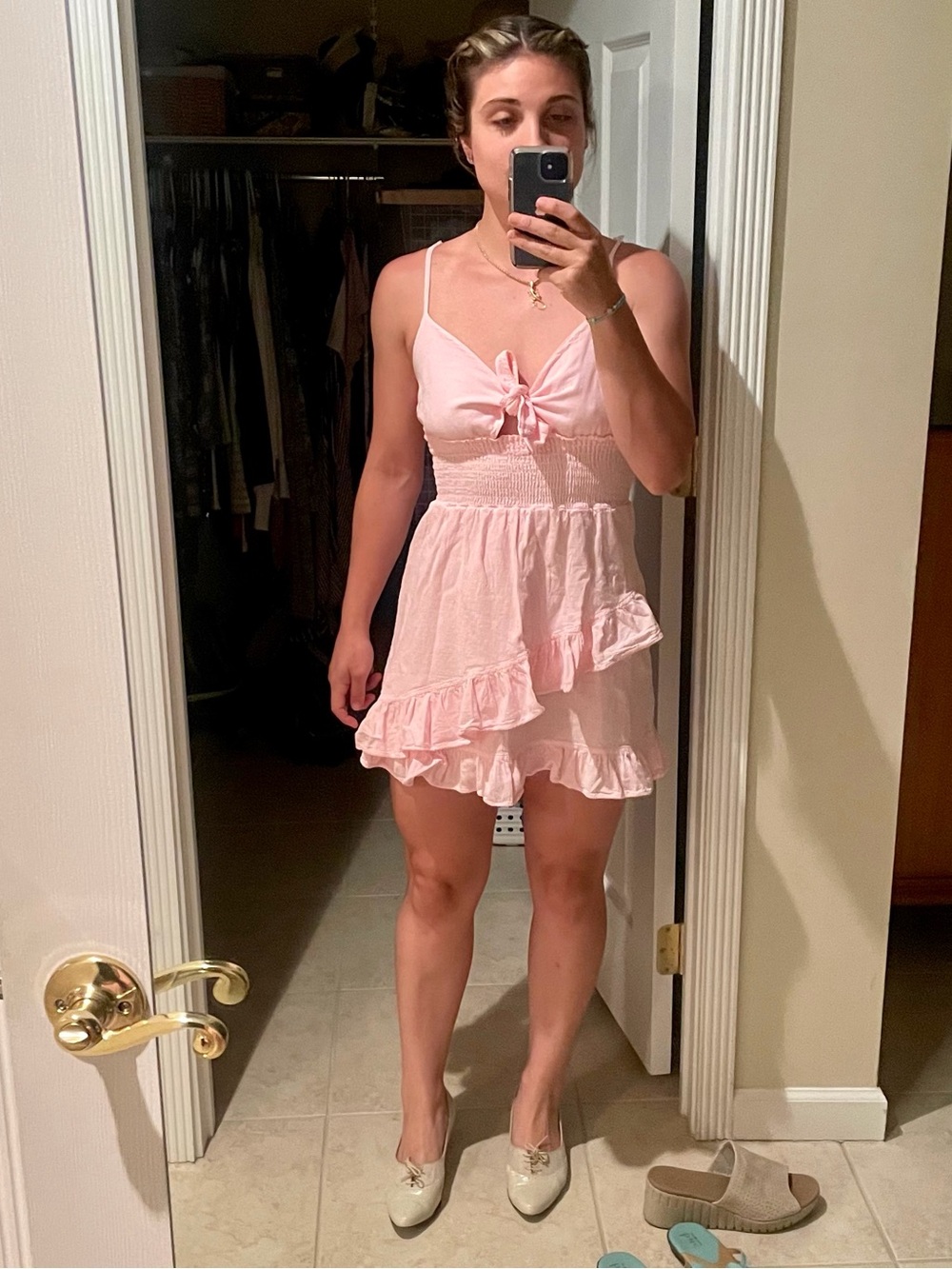 BLANCO Pink Cotton Smocked Ruffle Tie Front Mini Dress Y2K Small